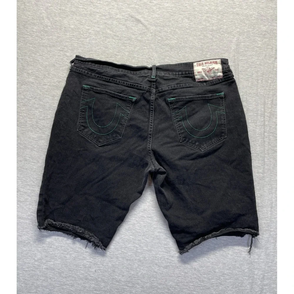 True Religion Jean Shorts Mens 38 Black Denim Ricky Relaxed Straight Fit Raw Hem